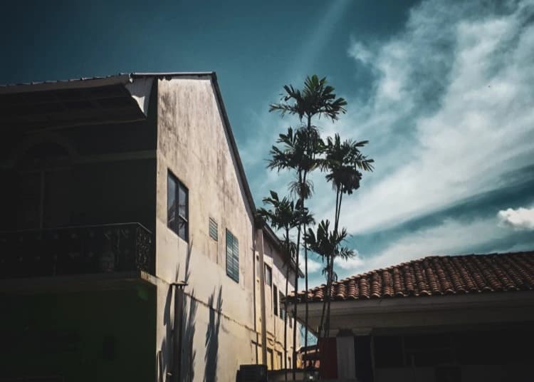 Wide-angle landscape photography scene with atmospheric sky and waterfront detail